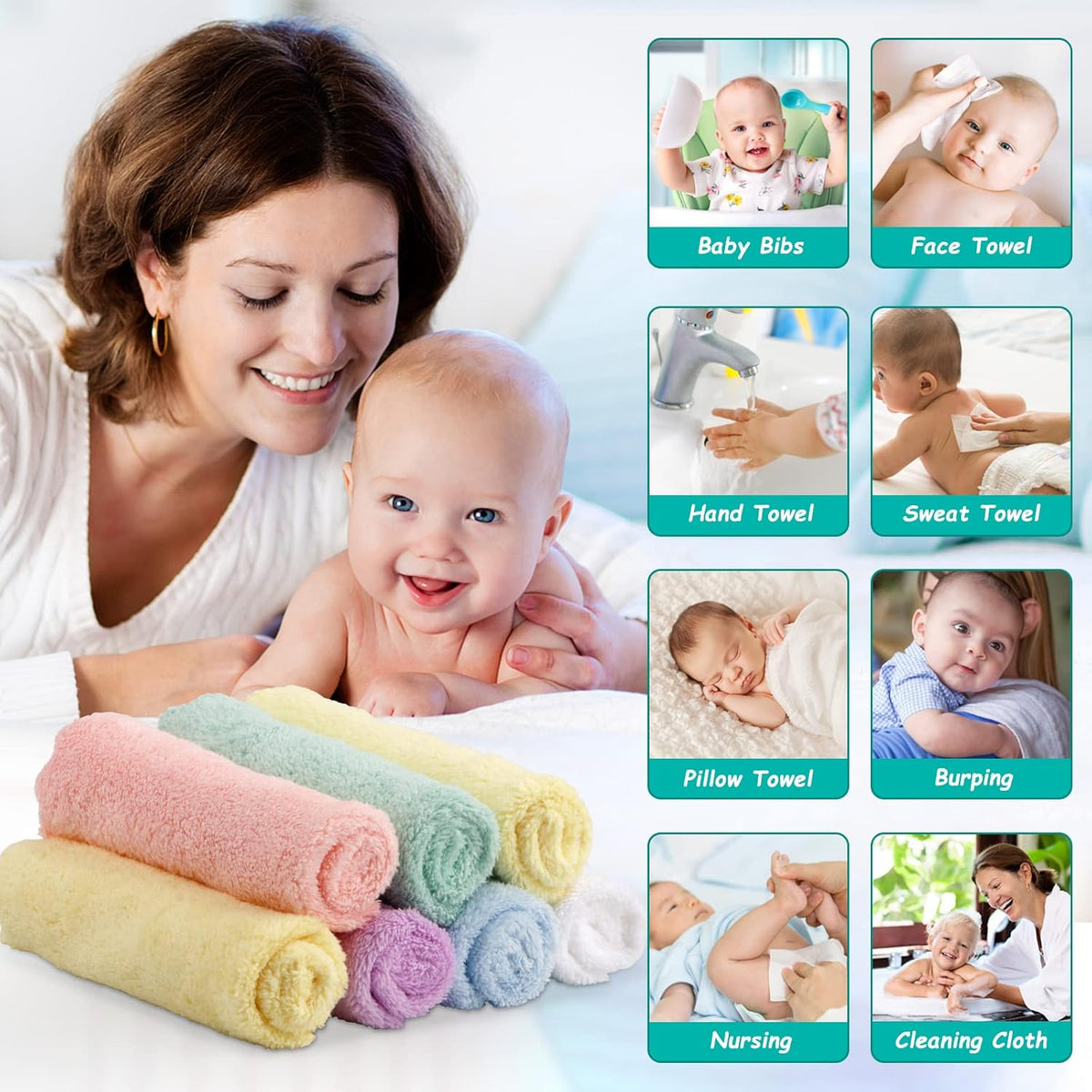 HOMEXCEL Baby Washcloths 24 Pack-Microfiber Coral Fleece Baby Bath Face Towel 7 x 9 Inch Extra Absorbent and Soft Burp Cloth and Wash Cloths for