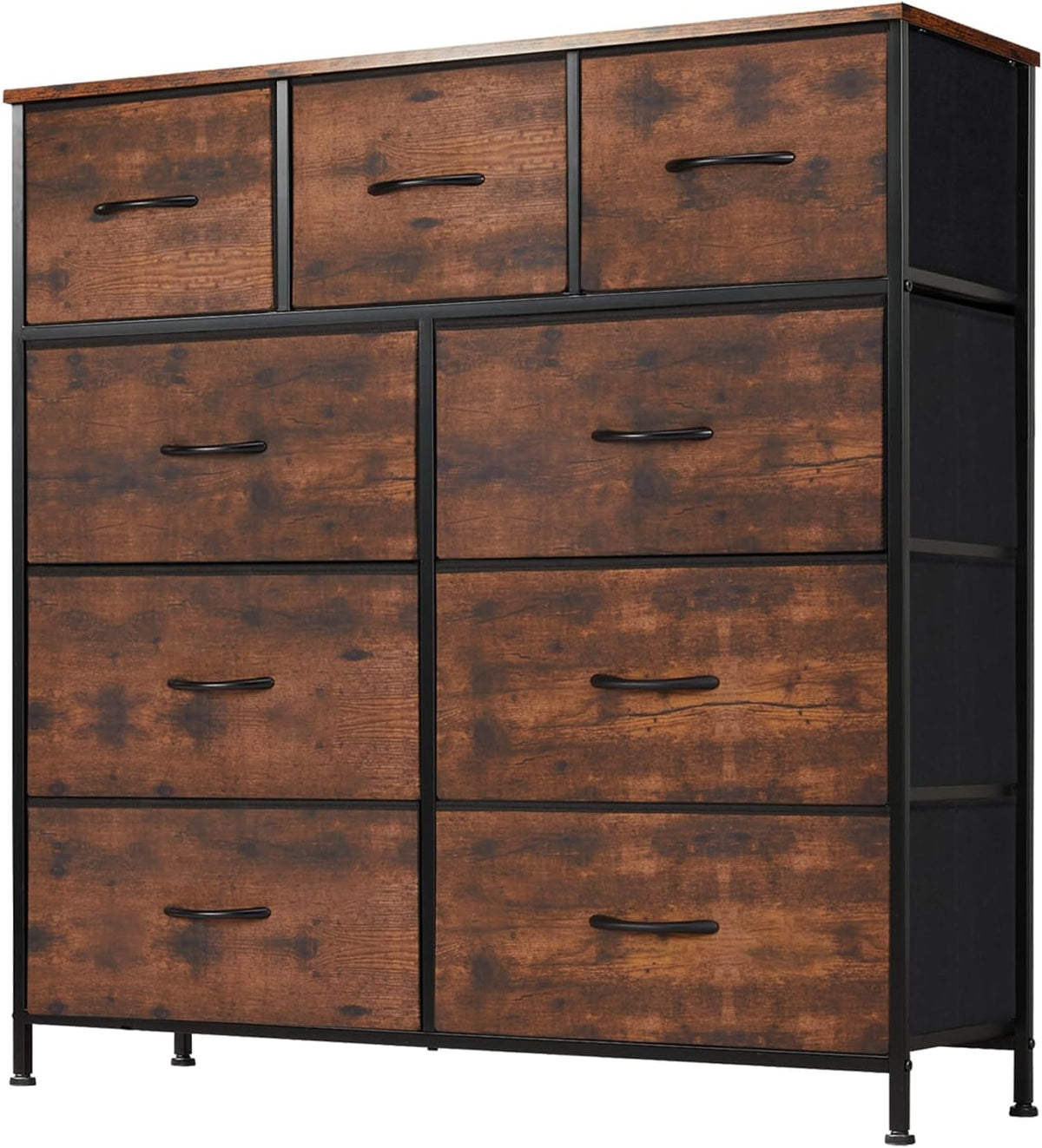 DUMOS Dresser for Bedroom, Storage Organizer with 9 Drawers, Chest of Drawers with Fabric Bins, Sturdy Metal Frame, Wood Tabletop for Guest Room