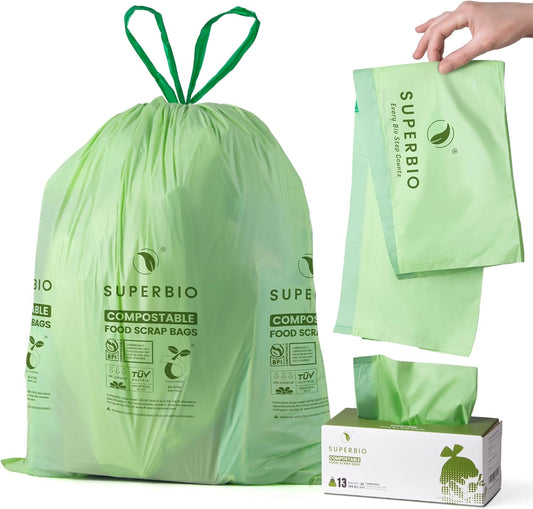 SUPERBIO 13 Gallon Compostable Drawstring Kitchen Waste Bag, 49.2 Liter, 30 Count,1 Mil, Heavy Duty Food Scrap Bags, BPI, Seedling and OK compost