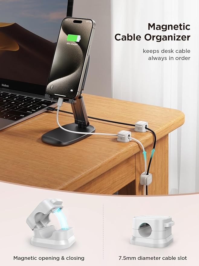 6 Pack Magnetic Cable Clips [Cable Smooth Adjustable] Cord Holder, Under Desk Cable Management, JOYROOM Adhesive Wire Holder Keeper Organizer for