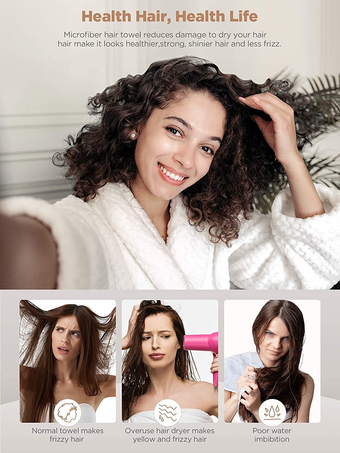 Hicober Microfiber Hair Towels, 3-Pack Drying Wraps for Curly Hair - Cart Shape