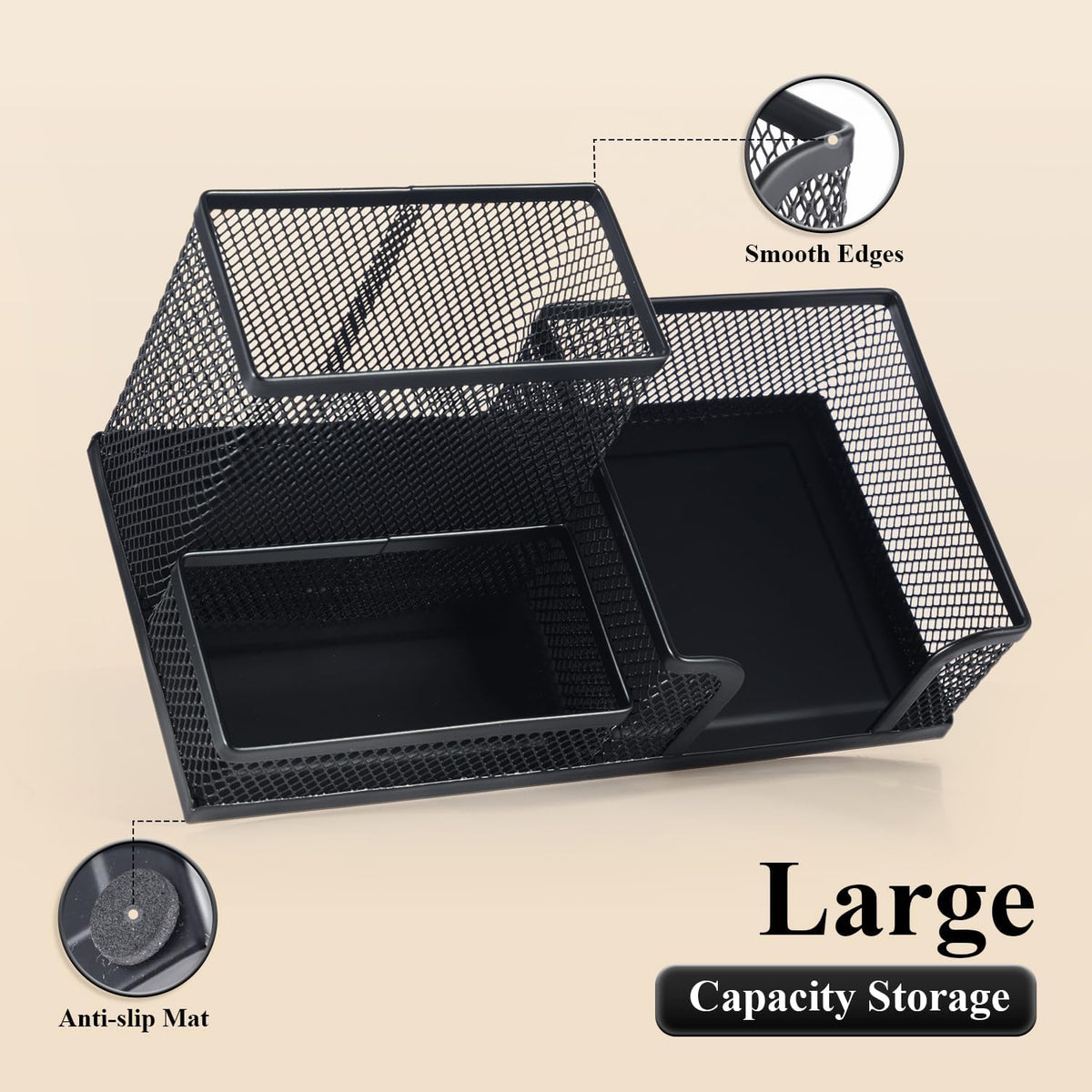 M&G Mesh Pen Holder Desk Organizers Pencil Holder for Desk Black, 3 Compartments Metal Office Supply Organizer with Sticky Notes Holder for School