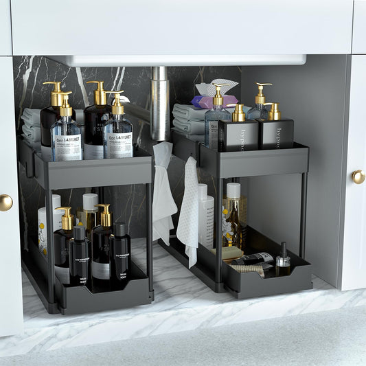 DEKAVA Under Sink Organizer 2 Pack, Bathroom Cabinet Organizer, 2 Tier Sliding Cabinet Basket Organizer Drawer, Multi-Purpose Bath Collection Baskets
