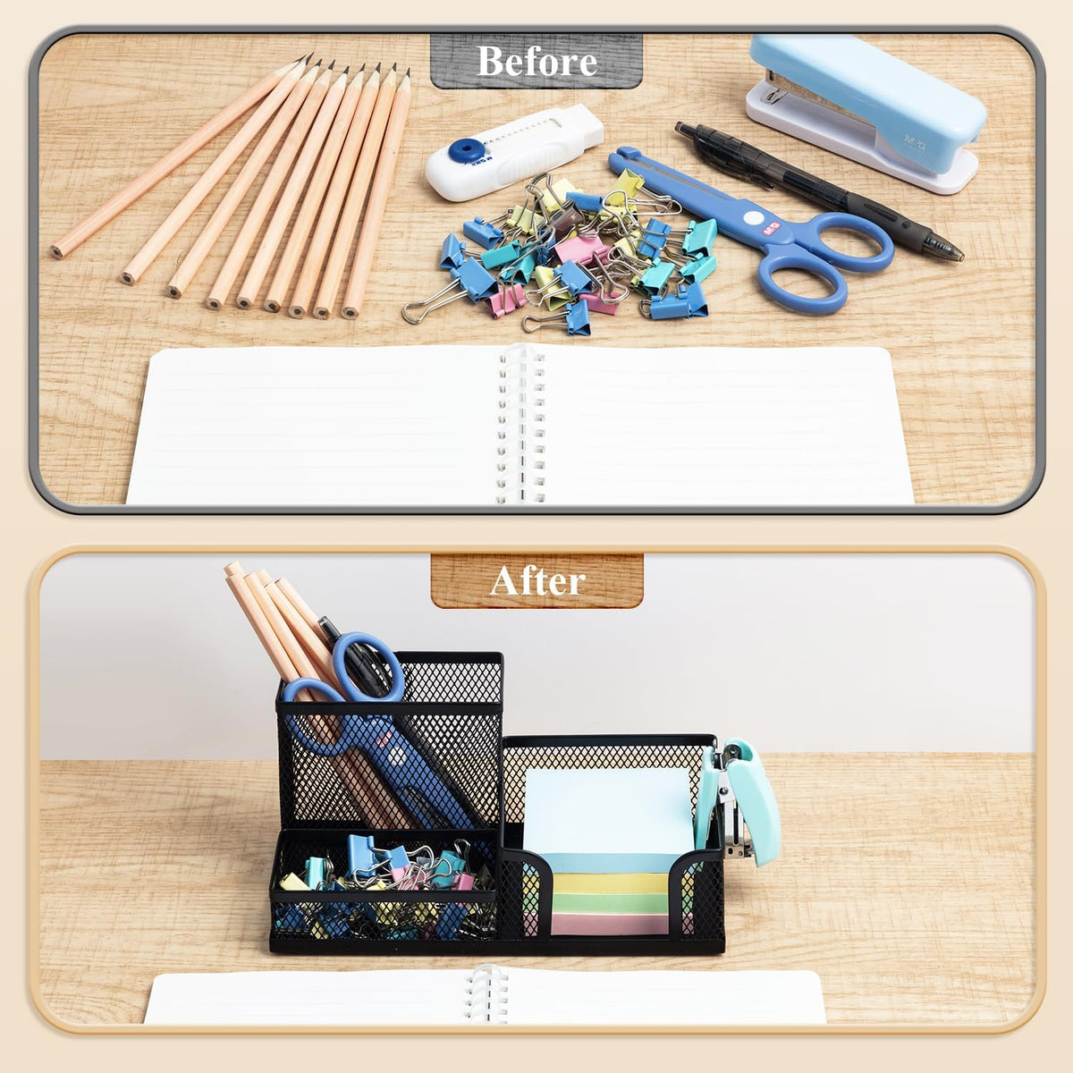 M&G Mesh Pen Holder Desk Organizers Pencil Holder for Desk Black, 3 Compartments Metal Office Supply Organizer with Sticky Notes Holder for School