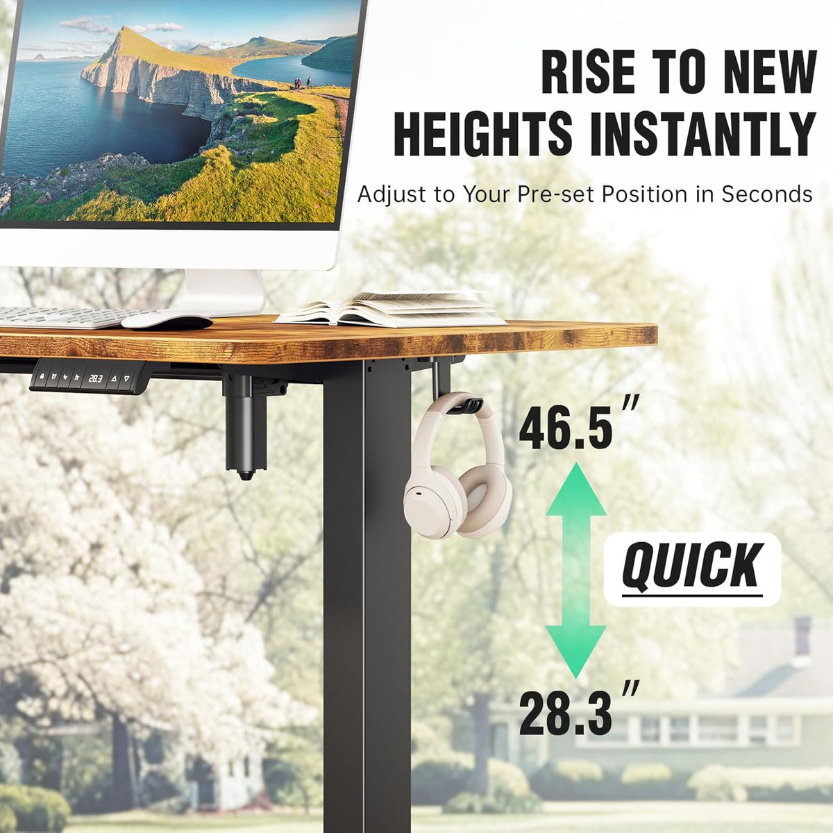 Veken 47.2" Standing Desk, Adjustable Height Office Desk with Wood Desktop, Computer Table for Home Work, Study and Gaming, Small Spaces, Modern