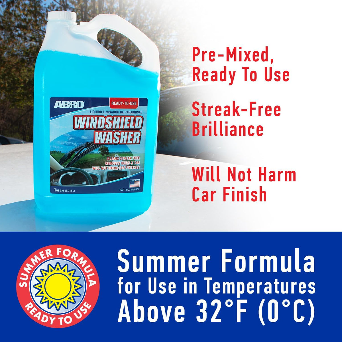 ABRO Windshield Washer Fluid Ready to Use Formula - 1 Gallon, Pre-Mixed, Streak-Free Cleanliness, 2-In-1 Removes Bugs & Tar