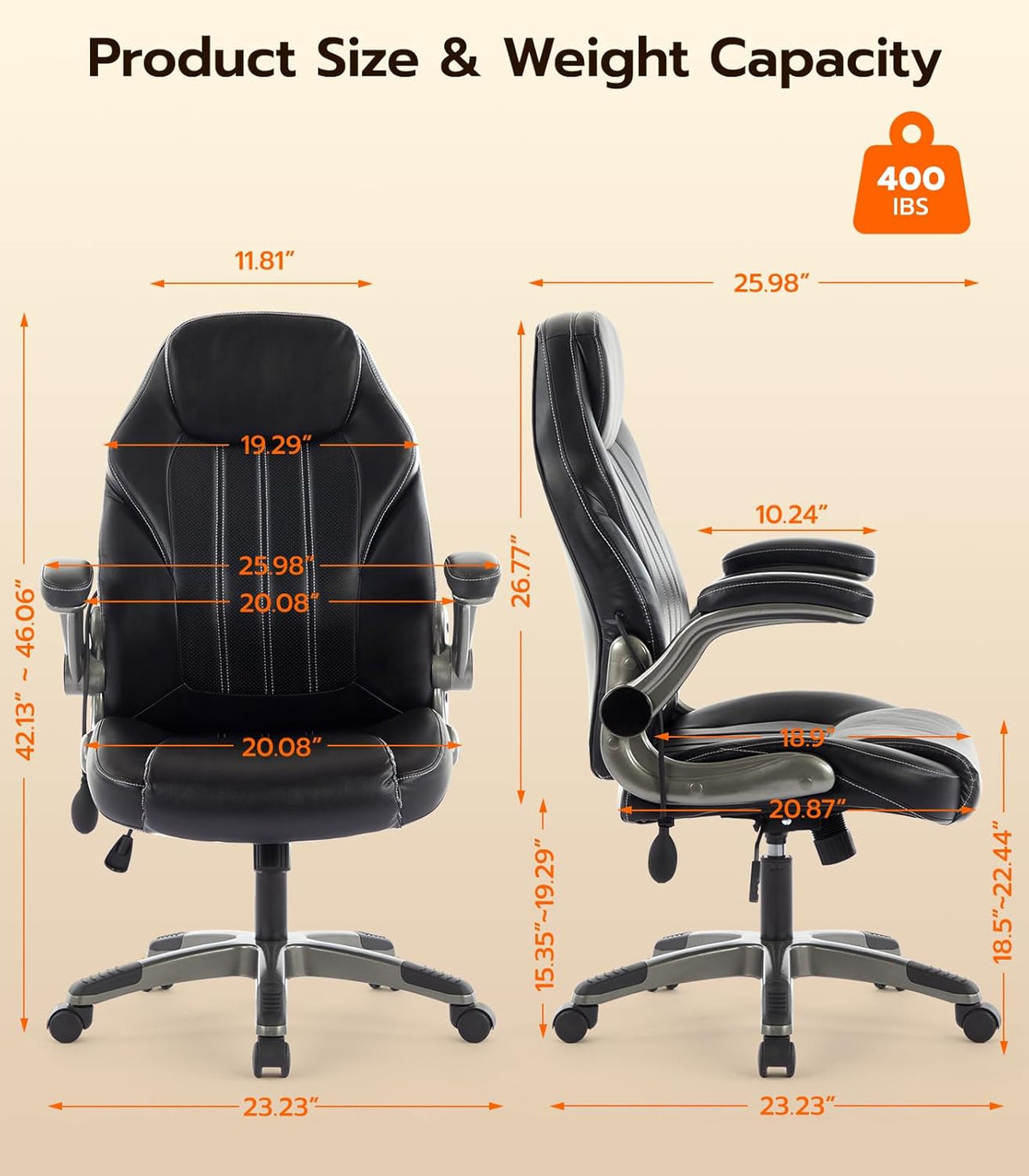 Office Desk Chair, Ergonomic Computer Chair with Padded Flip-Up Arms and Adjustable Lumbar Support, PU Leather Executive Chair with Tilt Lock and