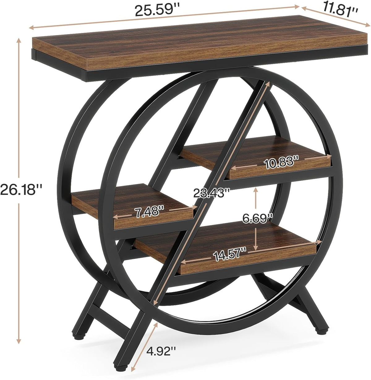 Tribesigns End Table for Living Room, 3-Tier Narrow Side Table with Storage, Wood Sofa Side Table with Geometric Metal Frame, Industrial Nightstand