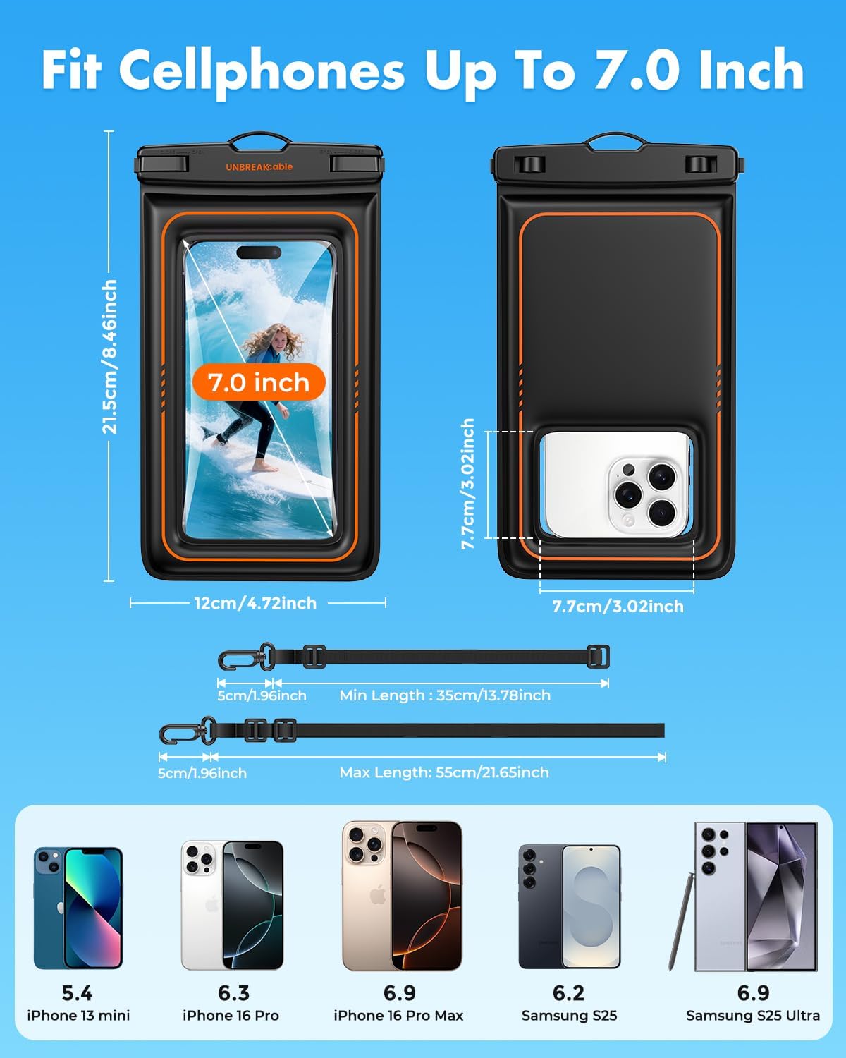 UNBREAKcable Floating Waterproof Phone Pouch 2 Pack, IPX8 Waterproof Phone Case Dry Bag Kayak/Beach/Cruise Travel Essentials, Water Proof Pouch