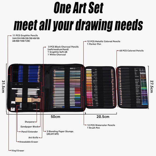 FPGFIIVO 101 Pcs Sketch Art Set, Art Supplies with 3-Color Sketchbook and Tutorial, Colored, Watercolor, Metallic, Graphite, Charcoal Pencils