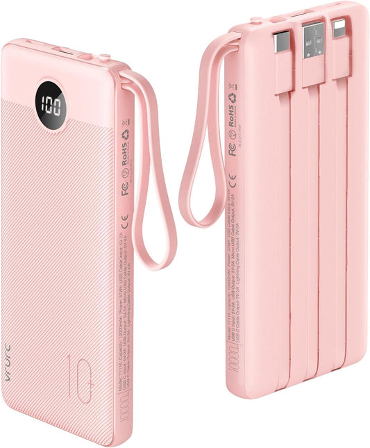 VRURC Portable Charger Power Bank, 10000mAh Travel Essentials Battery Pack, 5 Outputs 2 Inputs Slim Charging Bank Built-in Cables Cords Wires