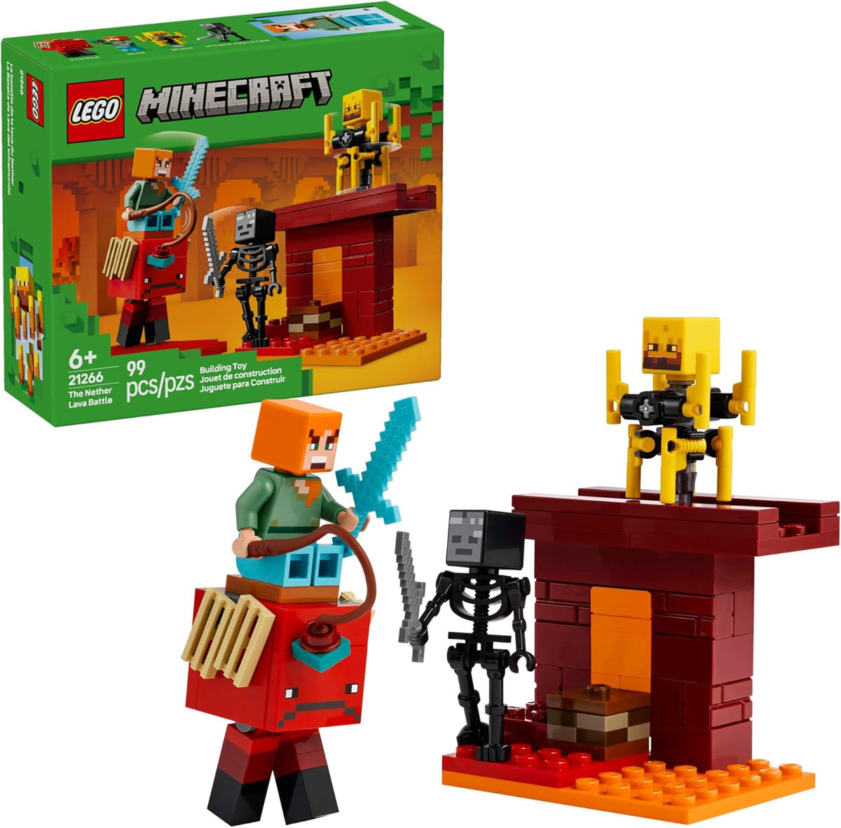 LEGO Minecraft The Nether Lava Battle Toy and Playset - Building Minecraft Toy for Kids, Ages 6+ - Alex, Wither Skeleton, Blaze and Strider Figures