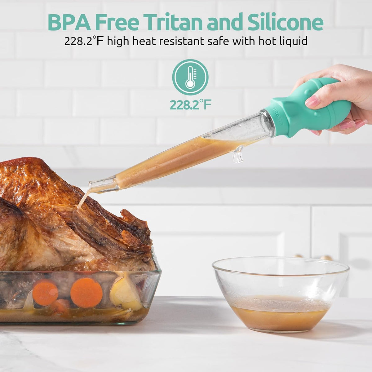 U-Taste 1.5oz Angled Turkey Baster - 228.2℉ Heat Resistant Food Grade Tritan and Silicone Large Octopus Bulb Baster Set with Cleaning Brush for