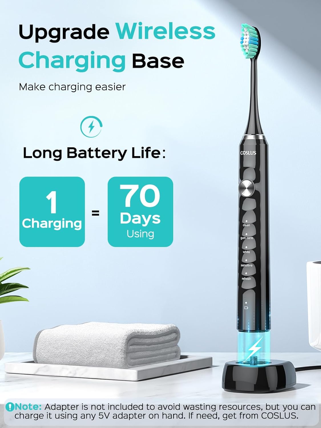 COSLUS Sonic Electric Toothbrush for Adults: 47000 VPM for Deep Cleaning & Whitening with Travel Case - 5 Modes for Sensitive Teeth & Braces