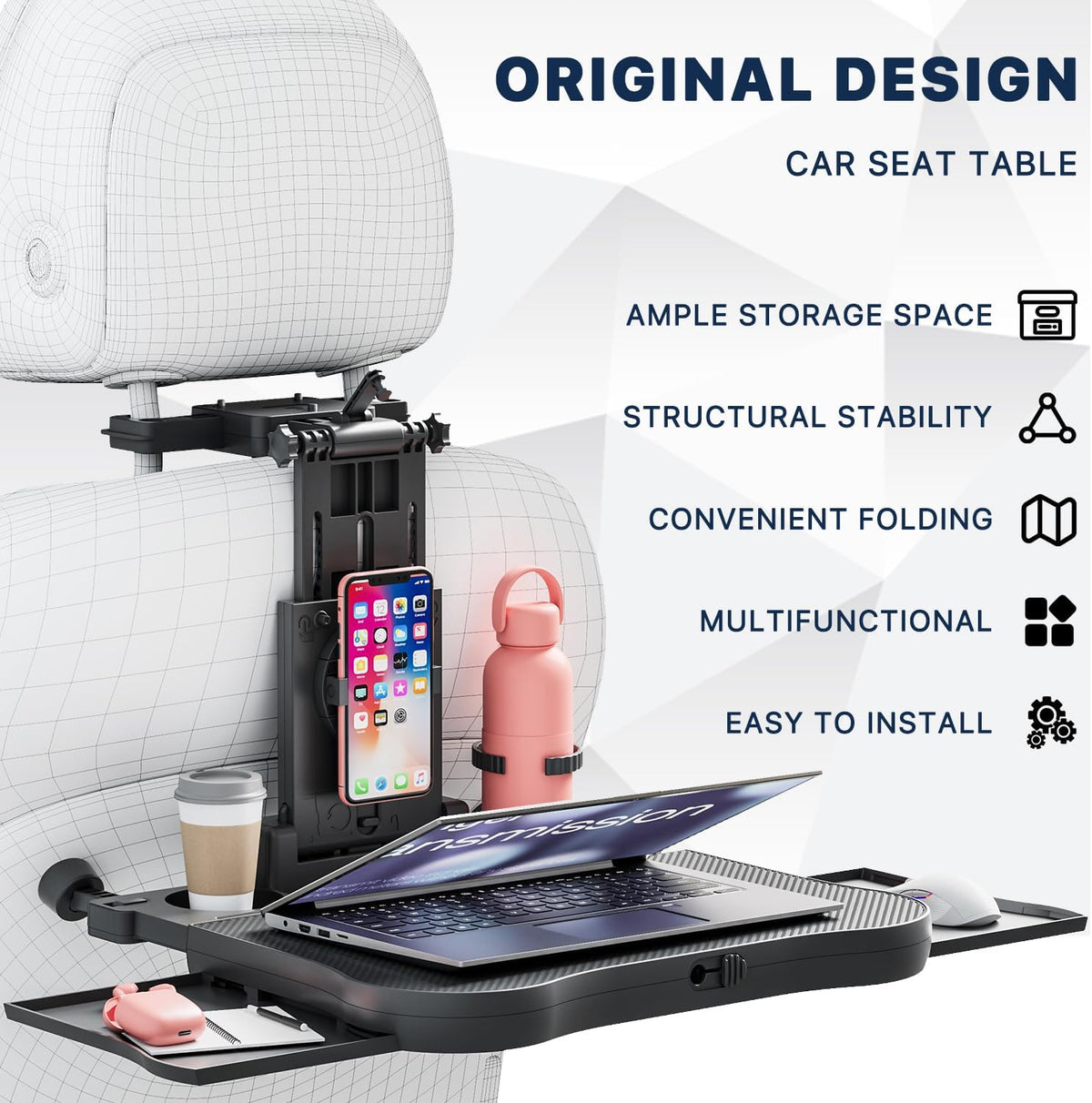 Car Back Seat Tray Table, Stable Foldable Auto Backseat Food Trays Desk for Rear Passenger Road Trip Eating & Work, Multifunctional Adjustable Travel