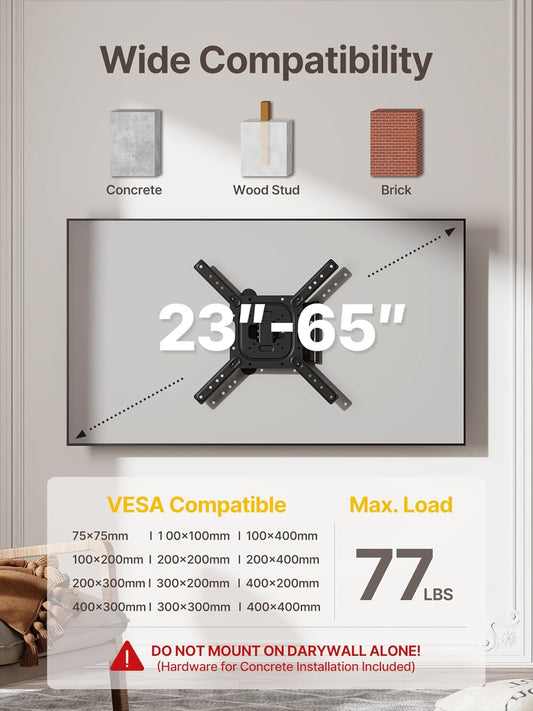 monTEK Full Motion TV Wall Mount for 23–65 Inch Flat & Curved TVs and Monitors, Swivel & Tilt Articulating Bracket, Max VESA 400x400mm, Holds up to