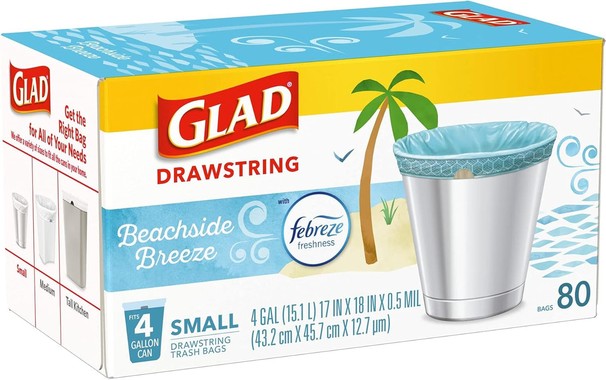 Glad Odorshield Small Drawstring Trash Bags, 4 Gal, Febreze Beachside Breeze, 80 Ct, Pack May Vary