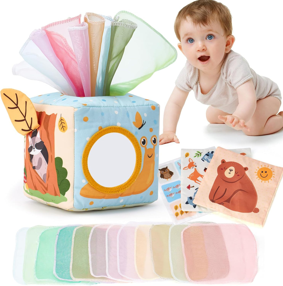 hahaland Baby Tissue Box Toy - Baby Toys 6-12 Months Stocking Stuffers for Babies Montessori Toys for 6 Month Old Must Haves - Boy Girl Shower Gifts