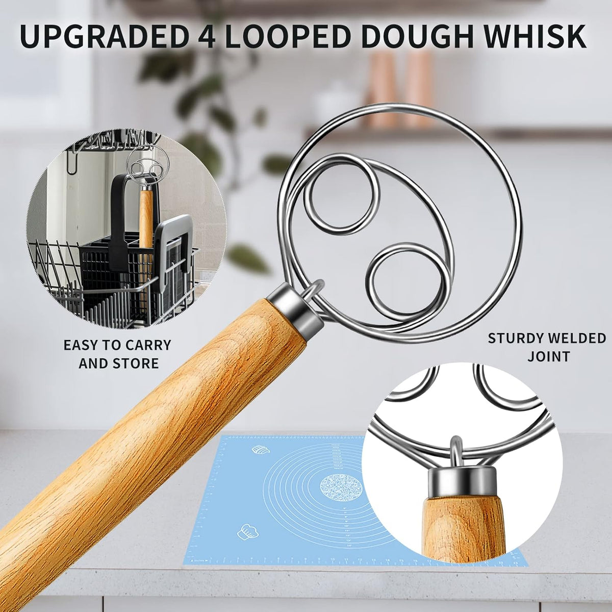TEEVEA Danish Dough Whisk Stainless Steel Dough Hook Dutch Whisk for Sourdough Bread Dough Mixer Hand Wooden Handle Kitchen Whisking Mixing Tool