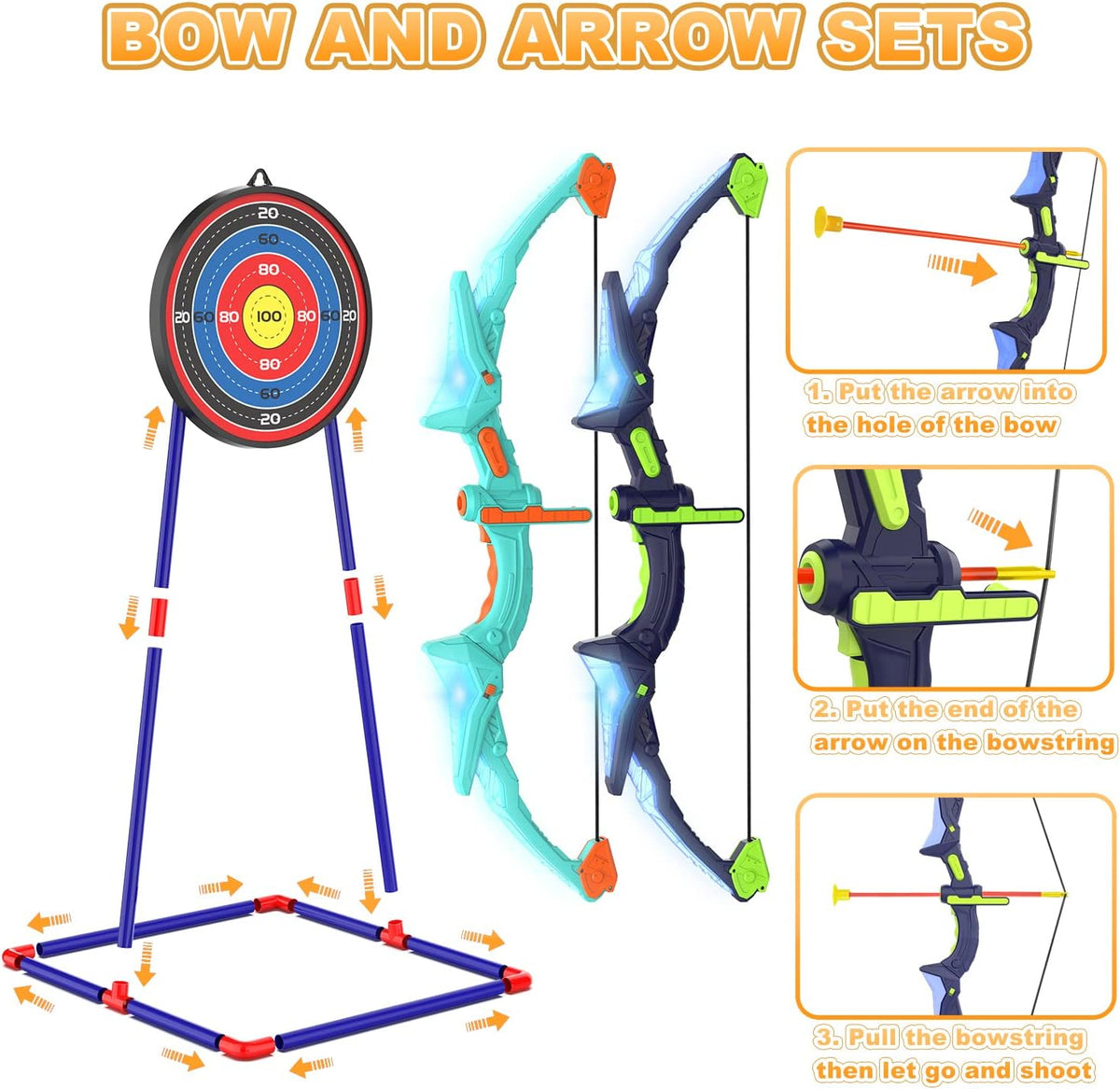 2 Pack Kids Bow and Arrow Set with LED Flash Lights, 14 Suction Cup Arrows and Fluorescence Standing Target-Perfect Indoor and Outdoor Game Archery