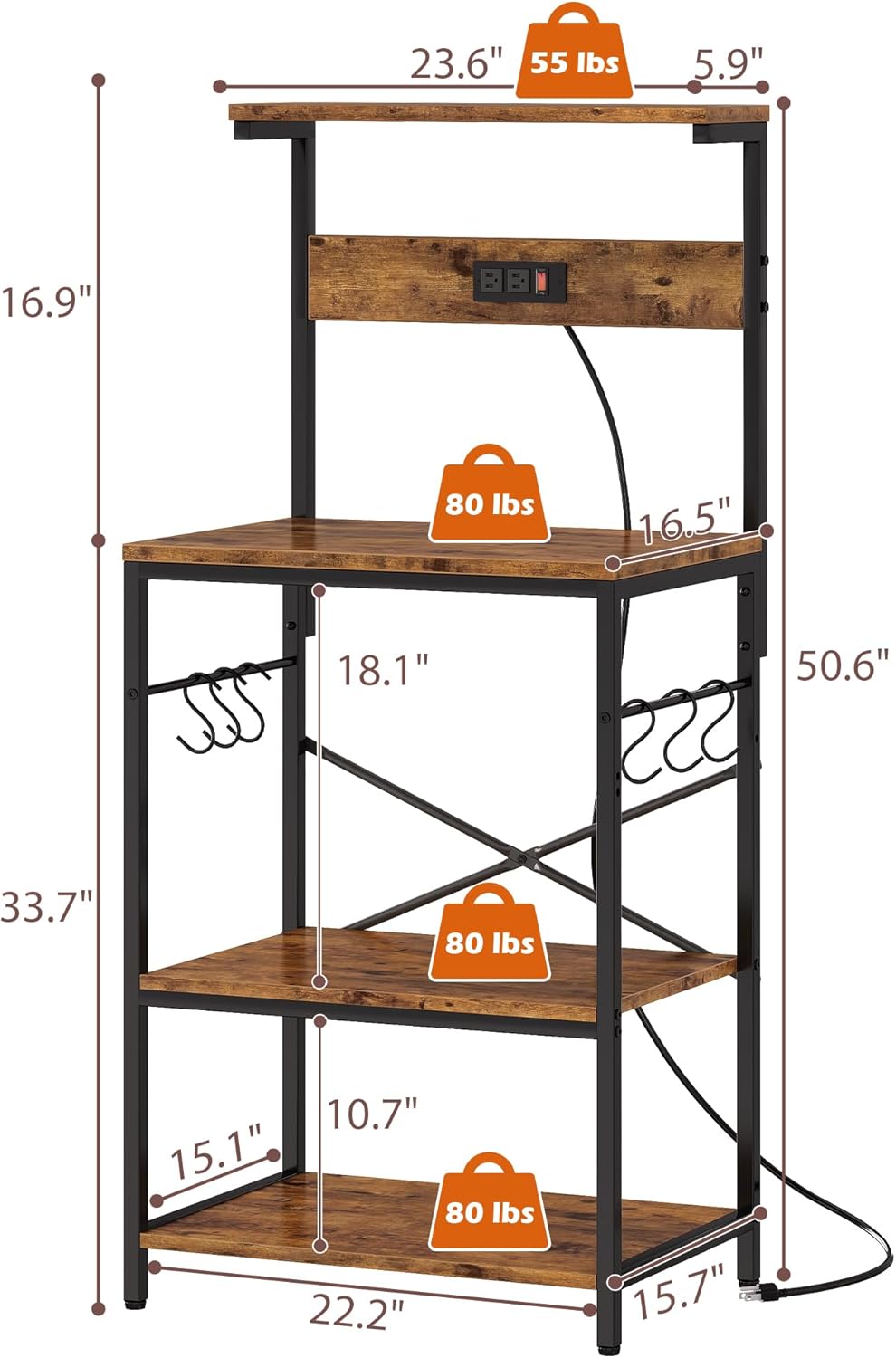 SUPERJARE Kitchen Bakers Rack with Power Outlet, Coffee Bar Table 4 Tiers, Kitchen Microwave Stand with 6 S-shaped Hooks, Storage Shelf Rack for