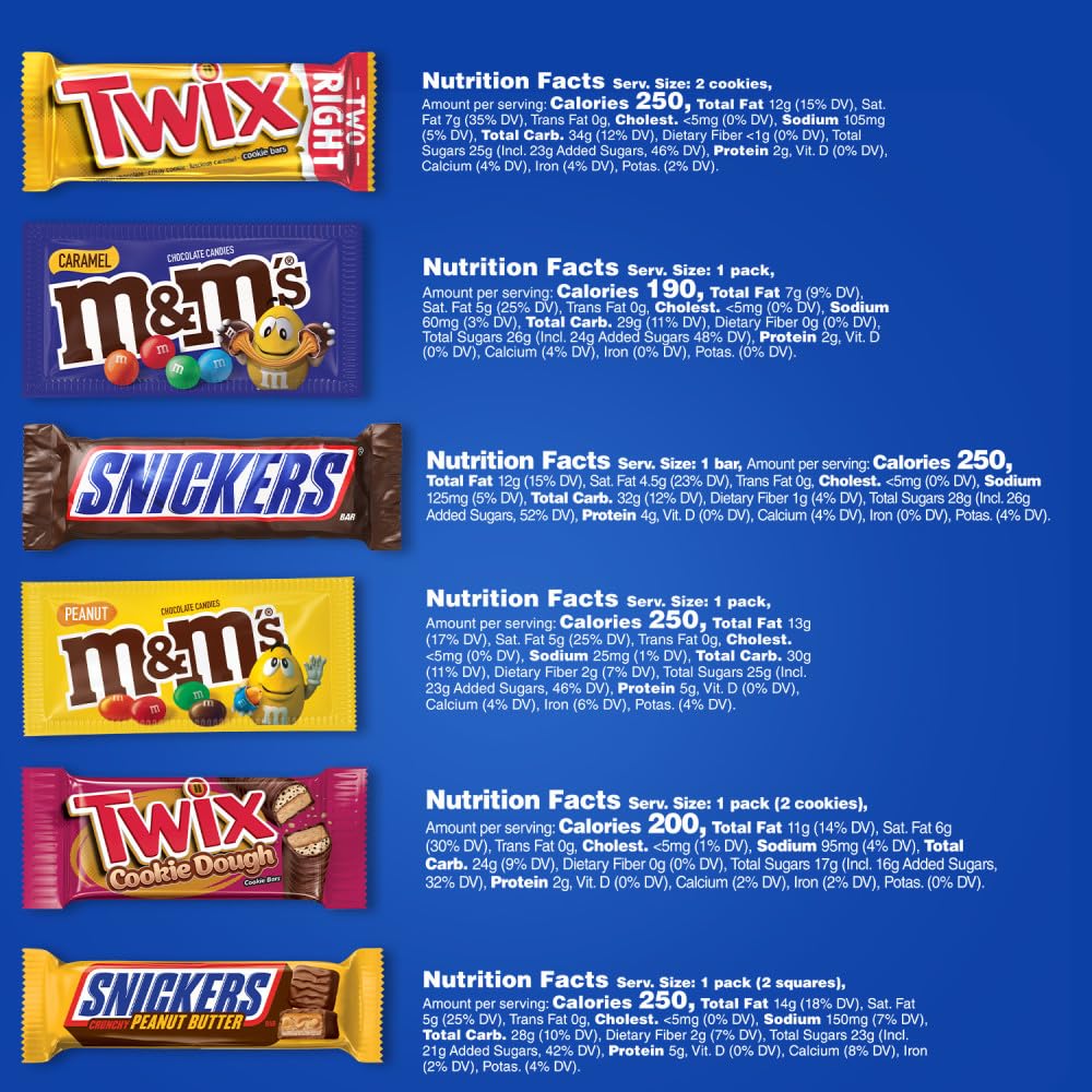 MARS M&M'S Peanut, M&M'S Caramel,SNICKERS Original,SNICKERS Peanut Butter Squared, TWIX Original and Cookie Dough Variety Pack Full Size Individually