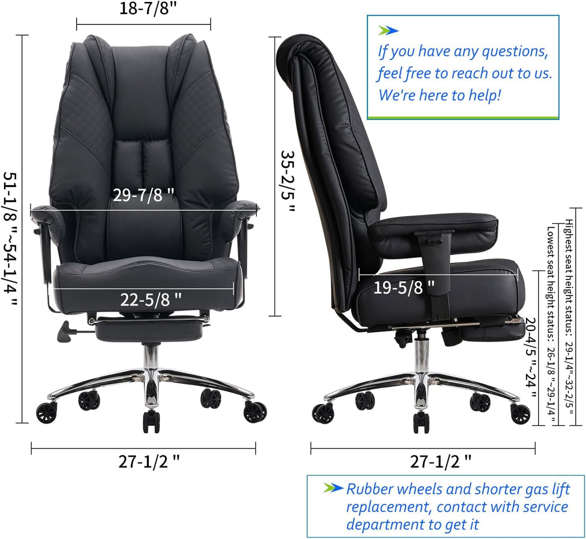 Big and Tall Office Chair 400lbs Wide Seat, Leather High Back Executive Office Chair with Foot Rest, Ergonomic Chairs Lumbar Support for Lower Back