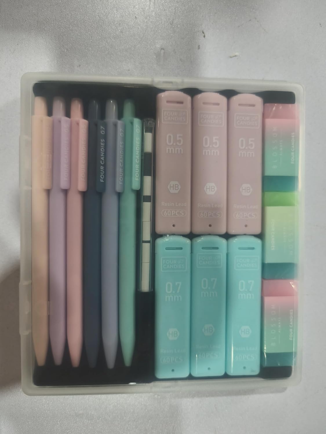 Four Candies Cute Mechanical Pencil Set, 6PCS Pastel Mechanical Pencils 0.5 & 0.7mm with 360PCS HB Leads, 3PCS Erasers and 9PCS Eraser Refills