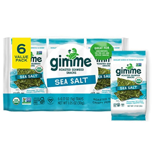 Gimme Seaweed Organic Premium Roasted Seaweed Snacks, Sea Salt, 6 Count, Keto, Vegan, Gluten-Free, Great Source of Omega3s and Iodine, Healthy