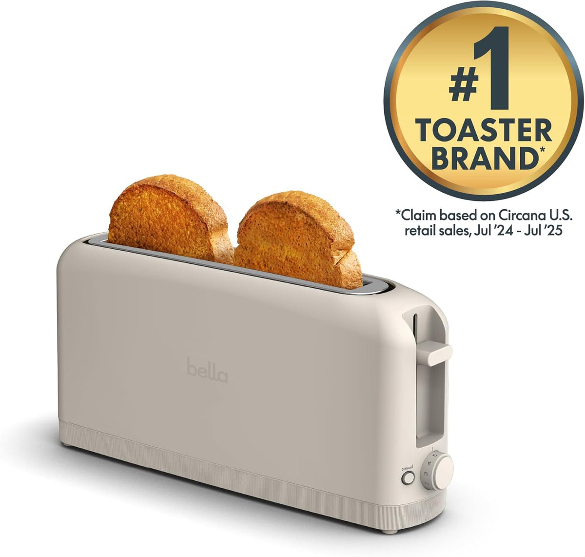 bella 2 Slice Slim Toaster, Fits-anywhere™ Kitchenware, 6 Setting Shade Control with Reheat & Cancel Buttons, Fits sourdough, 10” Long Slot, Anti Jam