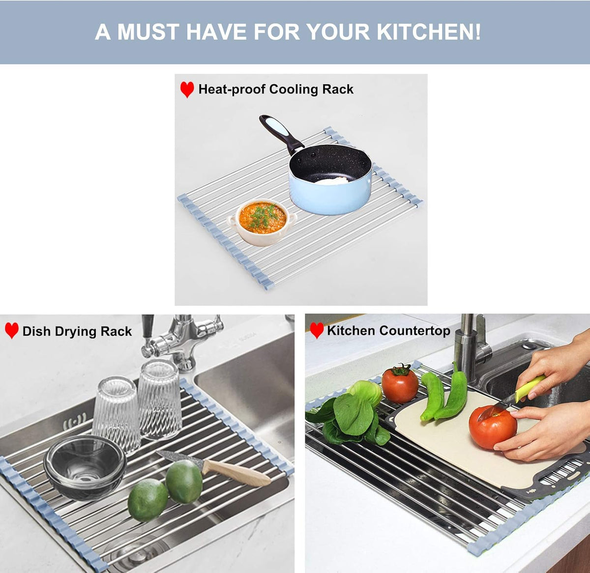 MECHEER Over The Sink Dish Drying Rack, Roll Up Dish Drying Rack Kitchen Dish Rack Stainless Steel Sink Drying Rack, Foldable Dish Drainer