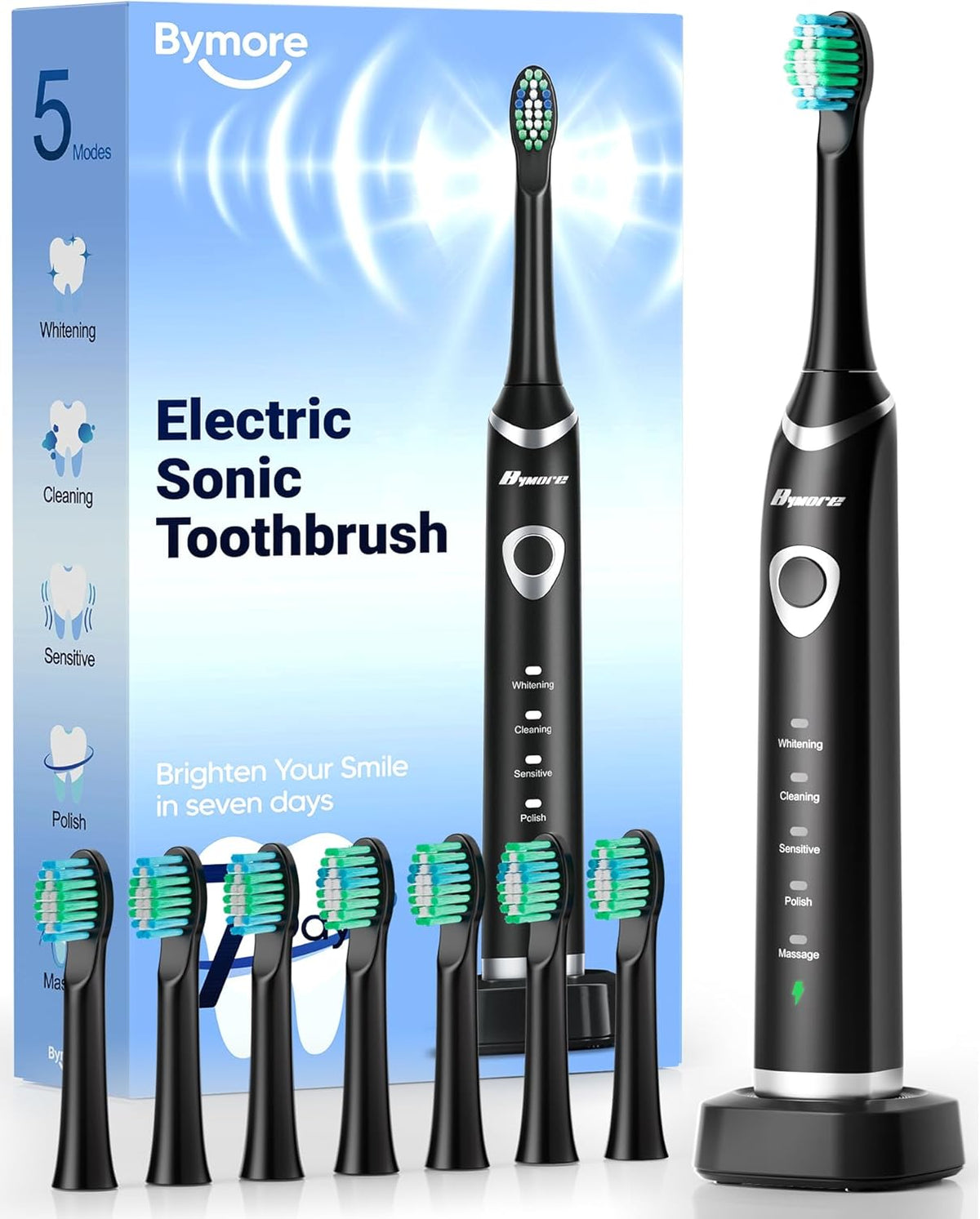 Bymore Electric Toothbrush for Adults, Sonic Rechargeable Toothbrush with 8 Brush Heads, 330-Day Battery, 5 Cleaning Modes & 2-Min Timer