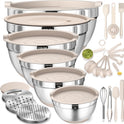 Mixing Bowls with Airtight Lids Set, 26PCS Stainless Steel Khaki Bowls with Grater Attachments, Non-Slip Bottoms & Kitchen Gadgets Set, Size 7, 4