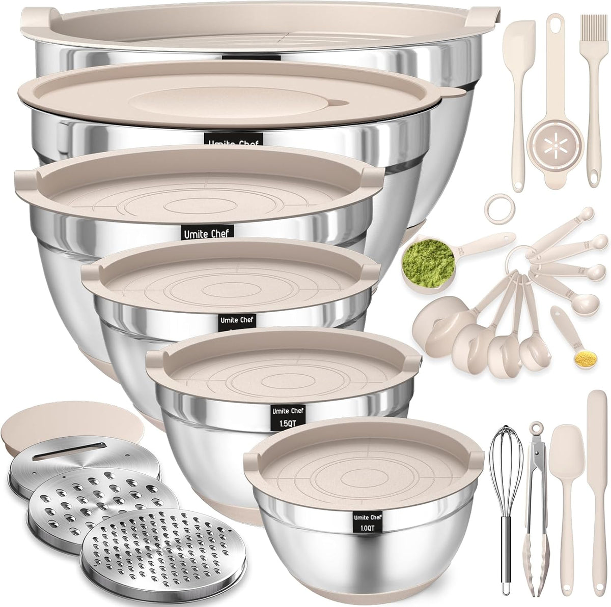 Mixing Bowls with Airtight Lids Set, 26PCS Stainless Steel Khaki Bowls with Grater Attachments, Non-Slip Bottoms & Kitchen Gadgets Set, Size 7, 4
