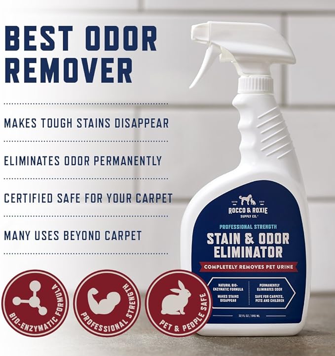 Rocco & Roxie Stain & Odor Eliminator for Strong Odor, 32oz Enzyme Pet Odor Eliminator for Home, Carpet Stain Remover for Cats & Dog Pee, Enzymatic