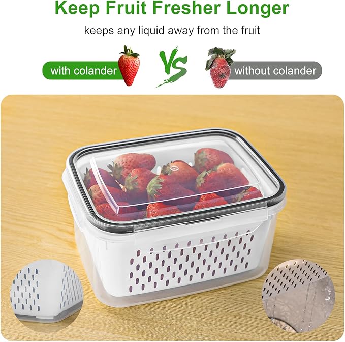 5 PCS Large Fruit Containers for Fridge - Leakproof Food Storage Containers with Removable Colander - Dishwasher & microwave safe Produce Containers