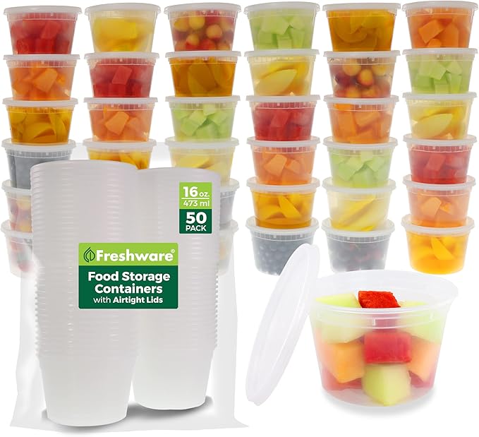 Freshware Food Storage Containers [50 Set] 16 oz Plastic Deli Containers with Lids, Slime, Soup, Meal Prep Containers | BPA Free | Stackable