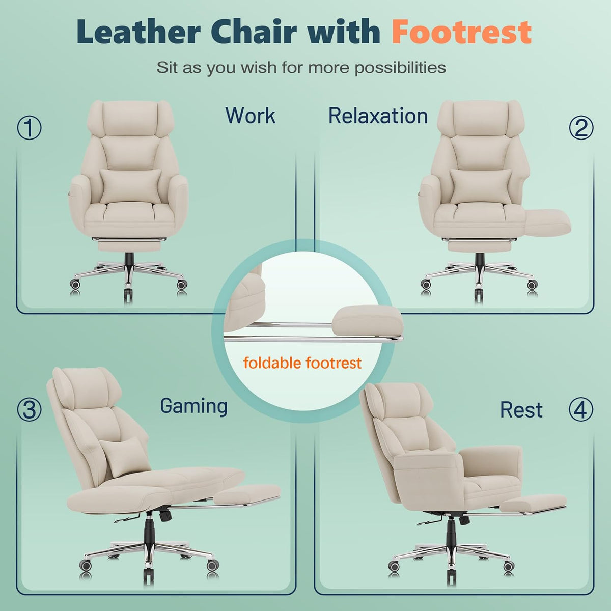 GABRYLLY Office Criss Cross Chair with Footrest, Big and Tall Executive Chair with Wide Seat,Reversible Armrest,Wheels, Lumbar Pillow and