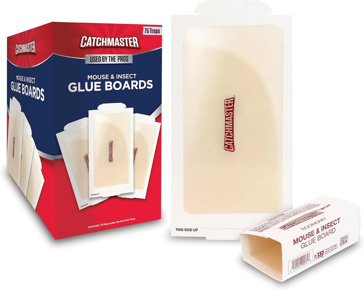 Catchmaster Pro Strength Mouse and Insect Glue Boards, 75-Pack Mouse Traps Indoor for Home, Sticky Pest Control Adhesive for Catching Bugs, Small