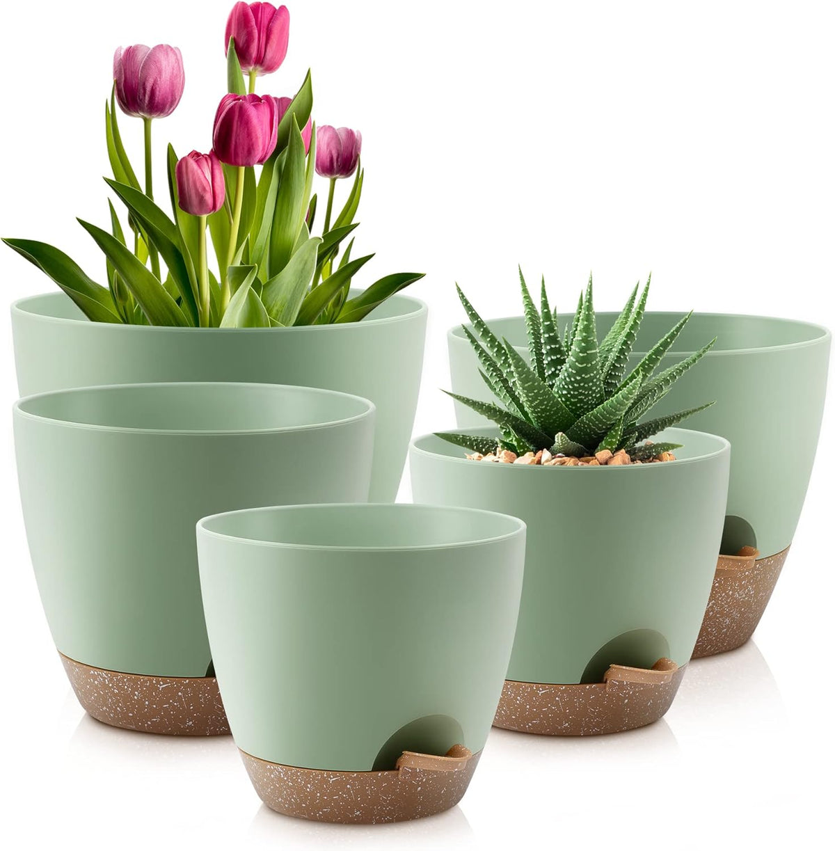 Plant Pots 10/9/8/7.5/7 Inch Self Watering Pots, Set of 5 Plastic Planters with Drainage Holes and Saucers,Plastic Flower Pots,Nursery Planting Pot