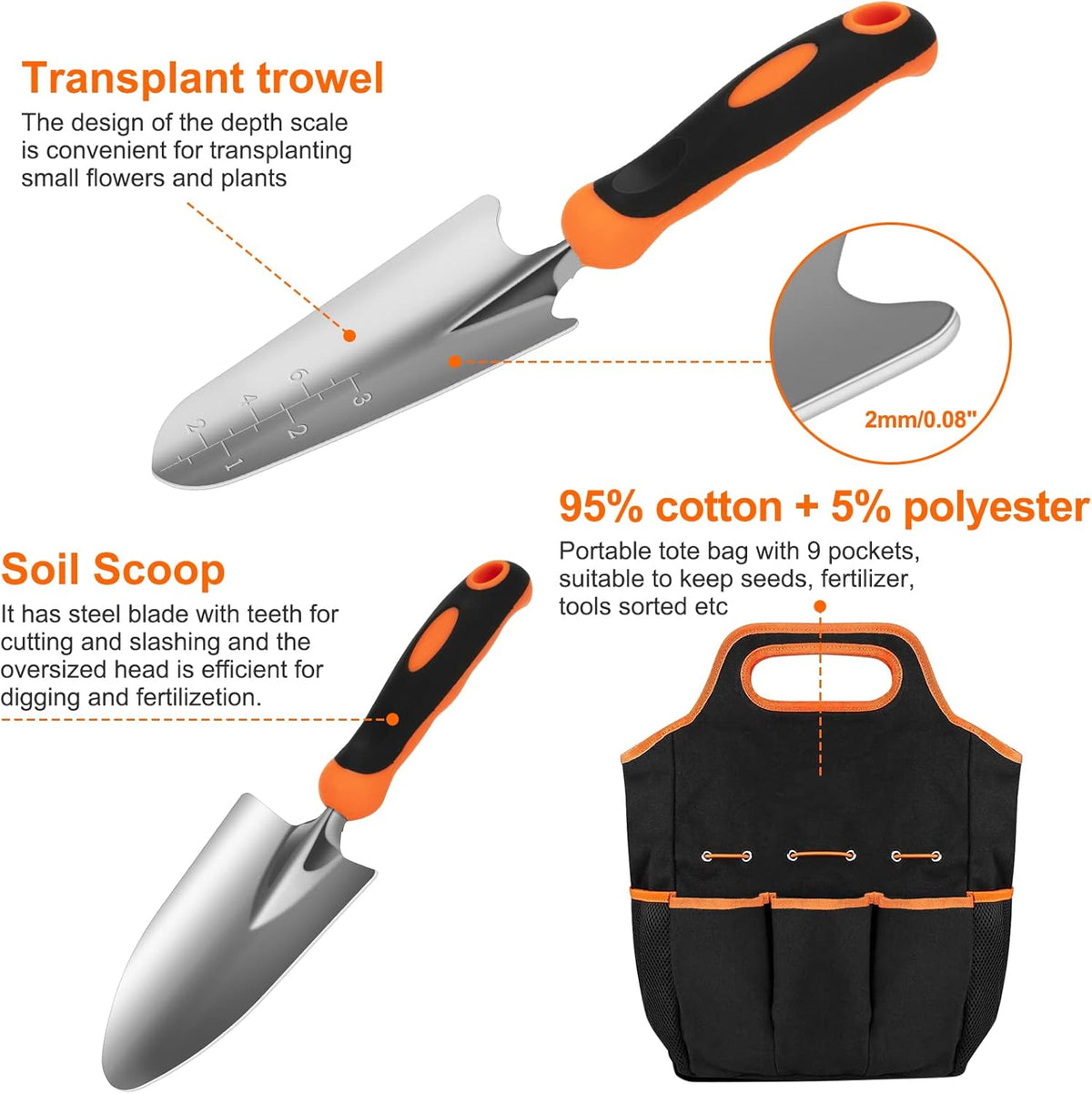 Gardening Tool Set, CHRYZTAL Stainless Steel Heavy Duty Gardening Tool Set, with Non-Slip Rubber Grip, Storage Tote Bag, Outdoor Hand Tools, Ideal