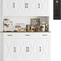 HOSTACK 71" Tall Kitchen Pantry Storage Cabinet with Charging Station, 55" Wide Kitchen Hutch Cabinet with Large Countertop, Farmhouse Food Pantry