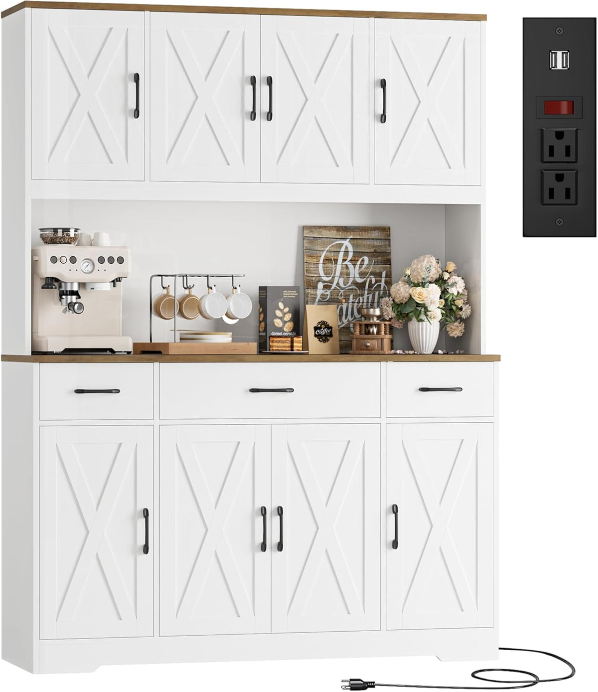 HOSTACK 71" Tall Kitchen Pantry Storage Cabinet with Charging Station, 55" Wide Kitchen Hutch Cabinet with Large Countertop, Farmhouse Food Pantry