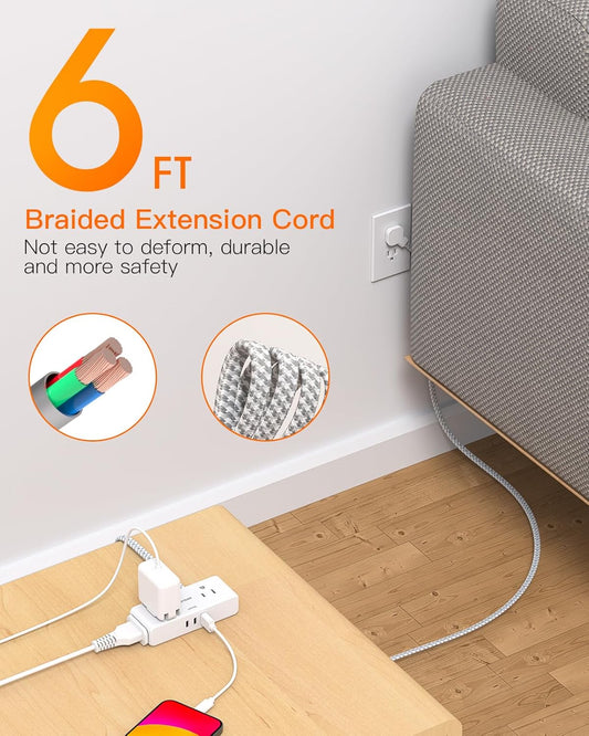 Flat Extension Cord 6 feet, Flat Plug Power Strip, 4 Widely Outlets with 3 USB Ports (2 USB C), 3 Side Outlet Extender with Extension Cord with