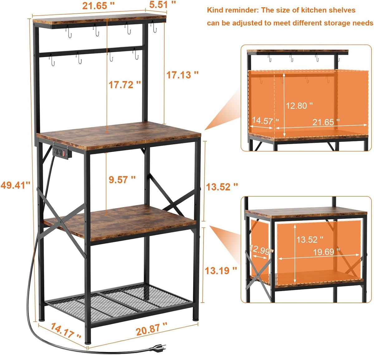 Kitchen Bakers Rack with Power Outlet, Small Coffee Bar Cart 4 Tiers, Microwave Stand Station with 8 S Hooks, Adjustable Shelf, Freestanding Kitchen