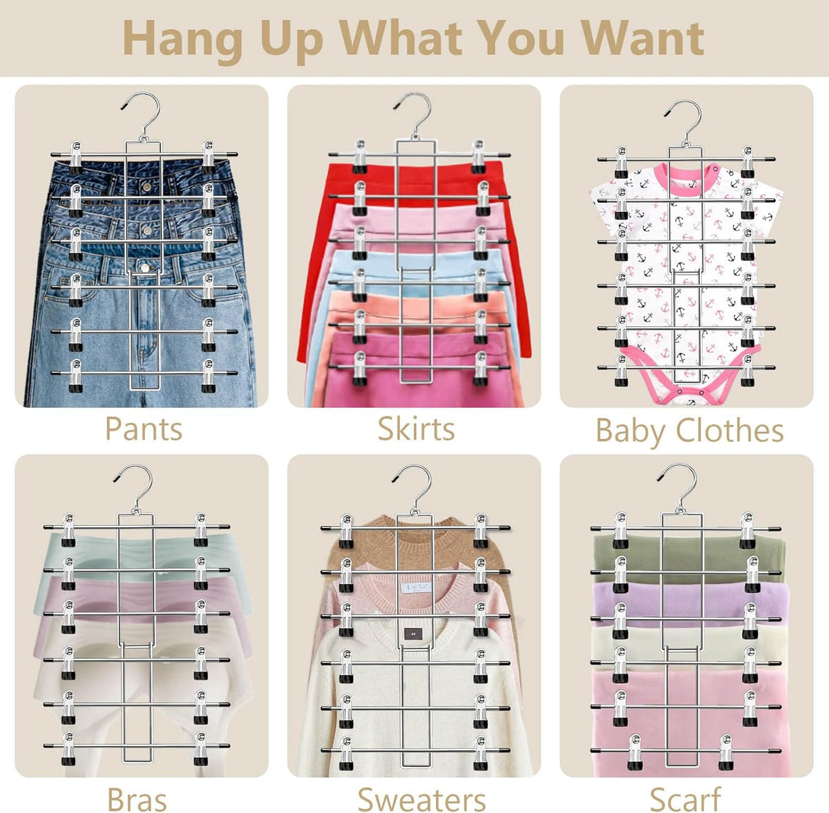 Pants Hangers with Clips,Space Saving Hanging Closet Organizer-6 Tiers Skirt Hangers with 360° Swivel Hook,Closet Organizer-Clothes Hangers- College