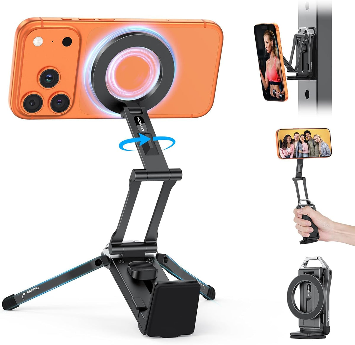 OMOTON TP02 360°Rotating for MagSafe Tripod, Adjustable Aluminum Magnetic Phone Tripod for iPhone 17/16/15/14 Pro Max Air, Foldable Cell Phone Stand