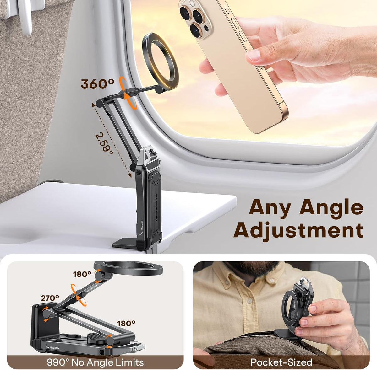 OMOTON TP02 360°Rotating for MagSafe Tripod, Adjustable Aluminum Magnetic Phone Tripod for iPhone 17/16/15/14 Pro Max Air, Foldable Cell Phone Stand