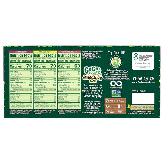 GoGo squeeZ Fruit & veggieZ Applesauce and Puree Variety Pack, Jurassic Pear, Roarrrr Berry & Prehistoric Peach, 3.2 oz (Pack of 20), Unsweetened
