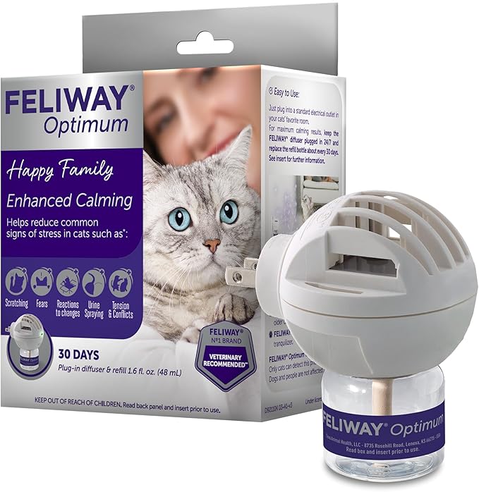 FELIWAY Optimum 30-Day Cat Calming Plug in Pheromone Diffuser Starter Kit, 48ml - Helps Reduce Common Signs of Stress in Cats & Kittens, Enhanced
